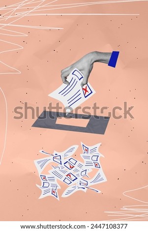 Vertical photo collage of hand put ballot paper sheet voted box container choose president election isolated on painted background