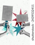 Vertical photo collage of hands hold picket poster riot agitation strike crowd people democracy solidarity isolated on painted background