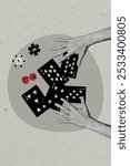 Vertical photo collage of hands play poker game cards combination dice chip gambling tournament play casino isolated on painted background