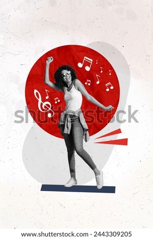 Vertical photo collage of happy american girl dance leisure relax sound listen music note treble clef isolated on painted background