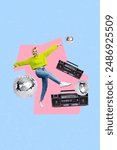 Vertical photo collage of happy blonde girl dance retro disco occasion party vintage boombox player disco ball isolated on painted background