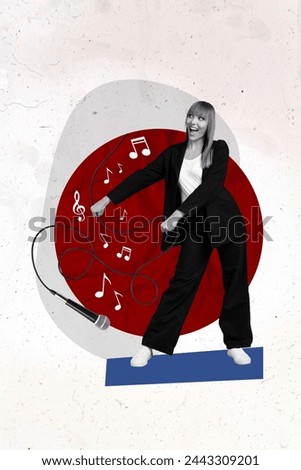 Vertical photo collage of happy excited girl dance sound listen music note treble clef sing mic wire artist isolated on painted background