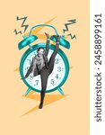 Vertical photo collage of happy girl dance huge alarm clock ring bell timetable schedule time management isolated on painted background