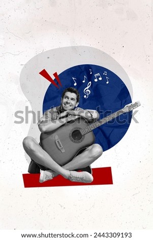 Vertical photo collage of happy guy performer hold guitar concert notes treble clef melody song play string isolated on painted background
