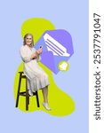 Vertical photo collage of happy old woman sit stool hold phone letter notification mail bell reminder isolated on painted background