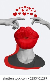 Vertical photo collage headless person absurd red lipstick kiss pouted lips fingers touch together contact isolated white color background