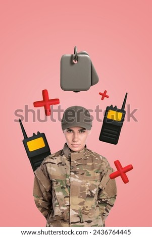 Vertical photo collage image young army soldier woman camoflauge radio receiver serious strong trooper drawing background