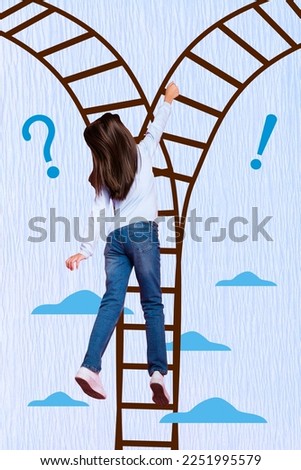 Vertical photo collage of little schoolgirl preteen climbing heaven sky choosing route ladder doubts dilemma her future isolated on blue background