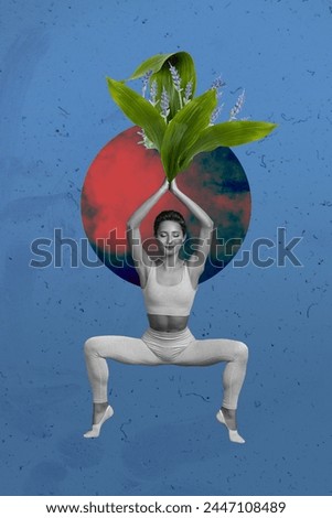 Vertical photo collage of minded calm girl do stretching practice retreat relax trance bloom flower bud isolated on painted background