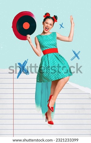 Vertical photo collage of overjoyed gorgeous lady pin up style clothes dress turn on vinyl record plate disc youth party holiday