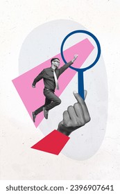 Vertical photo collage of super man worker jump fly to huge magnifying glass hold by hand arm concept of success goal ambition business on white background