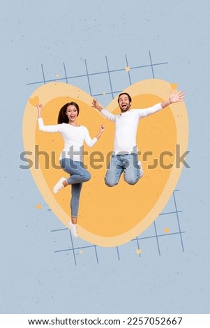 Vertical photo collage of two young lovely people jumping overjoyed hands up feelings concept painted heart symbol isolated on plaid blue background