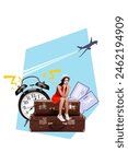 Vertical photo collage of upset girl sit suitcase late flight leaving passenger tickets time travel alarm isolated on painted background