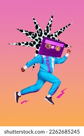 Vertical photo collage of young headless absurd athlete man running fast cassette record nostalgia music sportswear isolated on gradient background