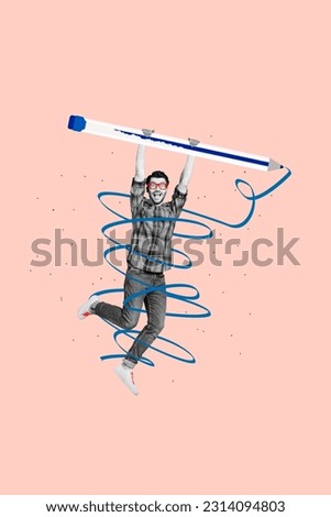 Vertical photo collage young man holding huge pencil hanging of talented author artist drawing pictures isolated on beige color background
