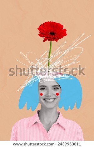 Vertical photo collage young smiling carefree girl flower gerbera red blossom beauty natural organic flora environment drawing doodles