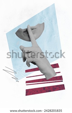 Vertical photo collage young woman face fragment cutout hand show silence shh gesture keep secret conspiracy quiet voice