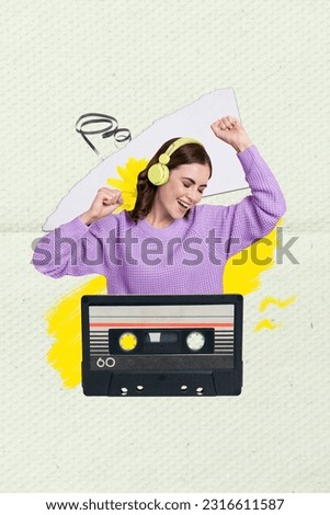 Vertical photo concept collage of positive funny girl careless listen cassette wireless headphones chill isolated on green background