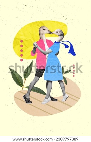 Vertical photo creative collage illustration of two animals birds mask couple dancing together freaks pigeons isolated on yellow background
