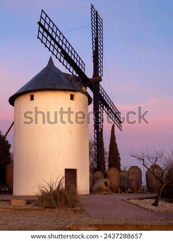 Vertical photo of the entrance to Villarrobledo, this La Mancha town located in the center of Spain has a windmill typical of this land and of Don Quixote.