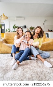 Vertical Photo Group Of Young Female Multiracial Young Friends Play Video Games Together At Home. Only Women Gaming And Eating Popcorns. 