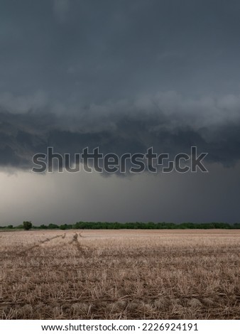 Vertical photo of heavy, gray storm clouds hanging over a stubble field with cut, dried grain stalks. Photographed in Oklahoma. Image has copy space.