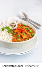 Vertical Photo Of Indian Cottage Cheese Curry With Green Peas, Indian Food Photography