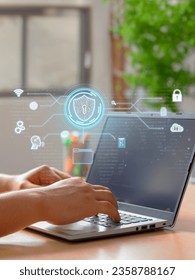 Vertical Photo of a Man using secure digital encryption technology, cybersecurity data protection privacy.