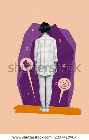 Vertical picture collage of woman back dont like hate society pressure traumatic bullying impolite feelings isolated on purple background