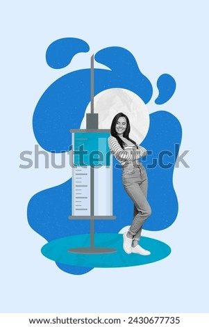 Vertical picture collage of young woman folded arms big syringe injection bacteria antidote healthcare isolated on blue color background