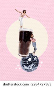 Vertical pinup pop collage photo poster of two carefree glad friends people enjoy weekend pepsi coca cola isolated on painting background