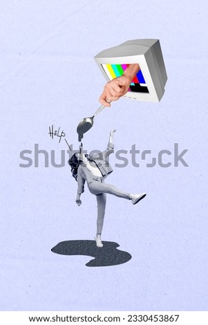 Vertical placard collage of addicted girl eating falsification false information television content mass media isolated on grey background