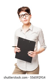 Vertical Portrait Of A 25 Year Old Business Woman With A Folder On A White Background