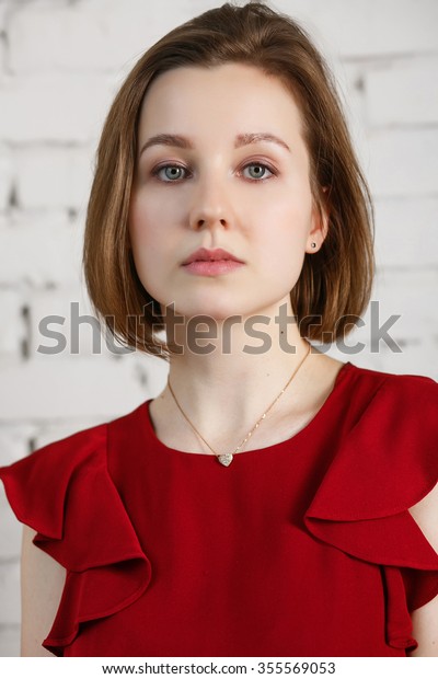 Vertical Portrait Beautiful Young Woman Red Stock Photo