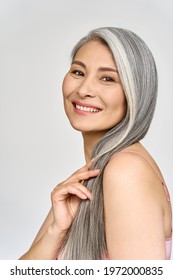 Vertical Portrait Of Gorgeous Happy Joyful Middle Aged Mature Cheerful Asian Woman, Senior Older 50s Gray Haired Lady Isolated On White. Ads Of Aesthetic Medicine Spa Salon Hair Care.