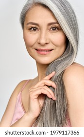 Vertical Portrait Of Gorgeous Happy Joyful Middle Aged Mature Cheerful Asian Woman, Senior Older 50s Gray Haired Lady Isolated On White. Ads Of Hair Care Products For Older Salon Haircare.