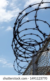 vertical portrait view of razor wire on top of a chain link fence isolated on a blue sky