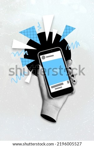 Vertical poster collage of hand with telephone isolated on drawing grey color background