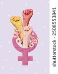 Vertical poster collage hands body fragment protest activism feminism gender womens day holiday celebration blossom flowers