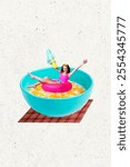 Vertical poster collage young cheerful woman milk plate flakes morning breakfast pool resort vacation watergun buoy swimmer