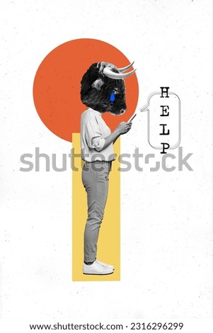 Vertical poster creative 3d collage of unknown unusual anonymous person use phone write sms help center isolated on white color background
