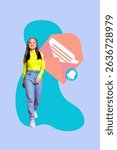 Vertical poster image collage of happy girl stand newsletter notification bell ring message speech dialogue conversation