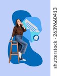 Vertical poster image collage of happy girl stand newsletter notification bell ring message speech dialogue conversation