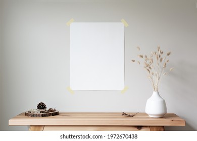 Vertical Poster Mockup Taped To A Neutral Coloured Wall. Minimalist Modern Farmhouse Props.