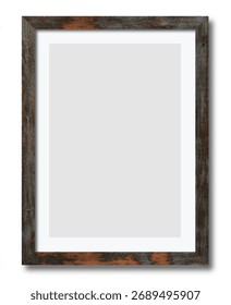 Vertical rectangular photo frame with distressed and Peeling paint on wood weathered wooden border, featuring dark, suggesting age and rustic charm and soft shadow on white background