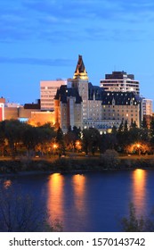 A Vertical Of Saskatoon, Canada Cityscape At Night