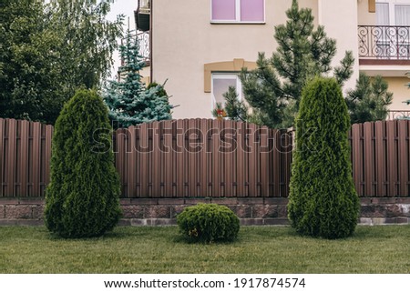 Vertical sections of brown metal profile fence. Live plantings. Green thuja, bushes and lawn. The local area decor. A house and a garden. Landscaping of the territory. Capital fencing. Vacation home.
