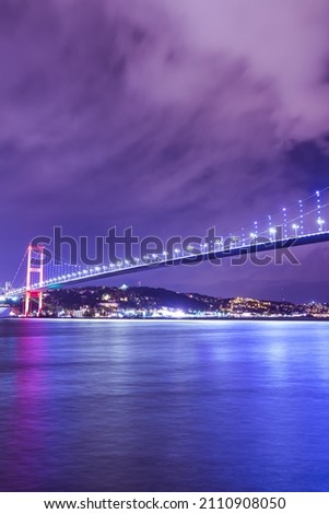 Vertical shoot of 15 July Martyrs Bridge (15 Temmuz Sehitler Koprusu) Violet, purple cloudy sky and sea in Istanbul, Turkey. Istanbul Bosphorus Bridge, Panorama, long exposure, Vertical İmage.