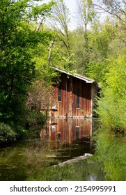 A Vertical Shot Of Abandoned Wooden House Surrounded By Trees Near Water