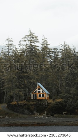 A vertical shot of a cabin in the woods in Inside Passage, Alaska